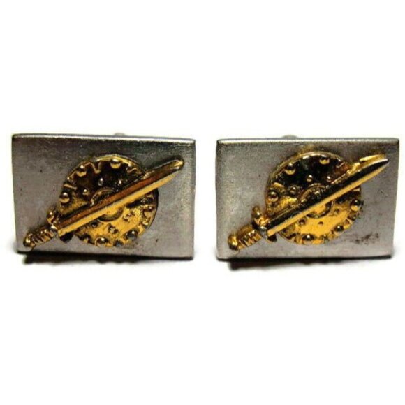 Sword & Shield Silver Tone Gold T Cufflinks Tux Shirt Dress Suit Vintage Shields - Picture 6 of 11